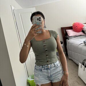 Green And Cream Striped Button Top